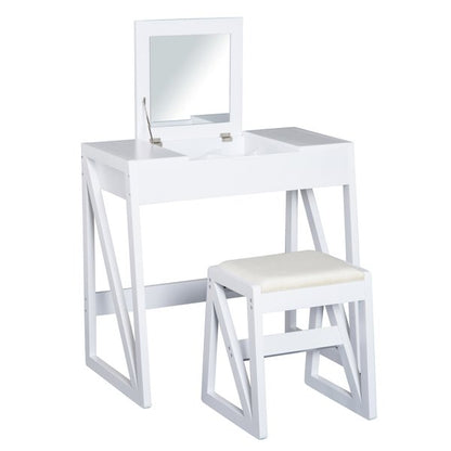 Room Dressing Table With Cushioned Stool and Flip-up Vanity Mirror - White