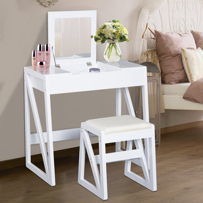 Room Dressing Table With Cushioned Stool and Flip-up Vanity Mirror - White