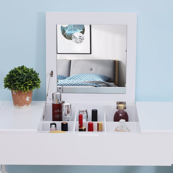 Room Dressing Table With Cushioned Stool and Flip-up Vanity Mirror - White