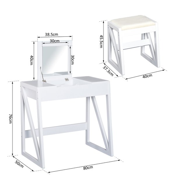 Room Dressing Table With Cushioned Stool and Flip-up Vanity Mirror - White