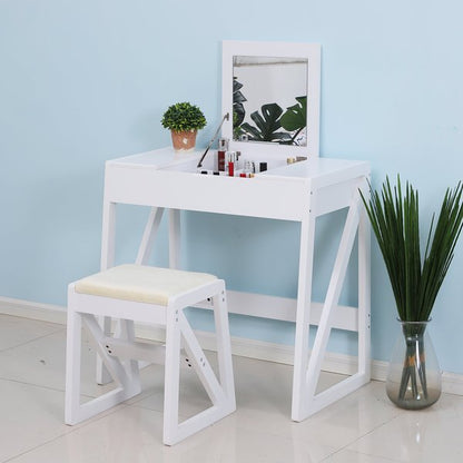 Room Dressing Table With Cushioned Stool and Flip-up Vanity Mirror - White