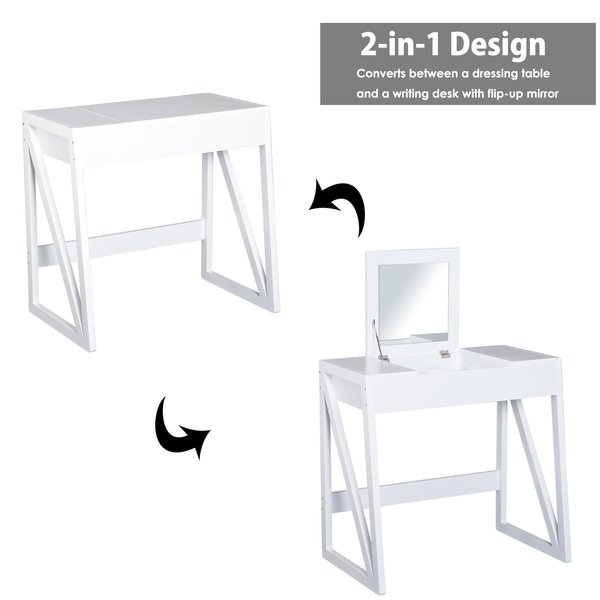 Room Dressing Table With Cushioned Stool and Flip-up Vanity Mirror - White