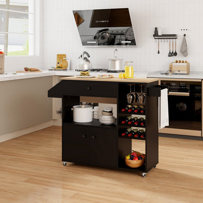 Mobile Drop Leaf Kitchen Island Cart with Microwave Shelf and Wine Rack-Black
