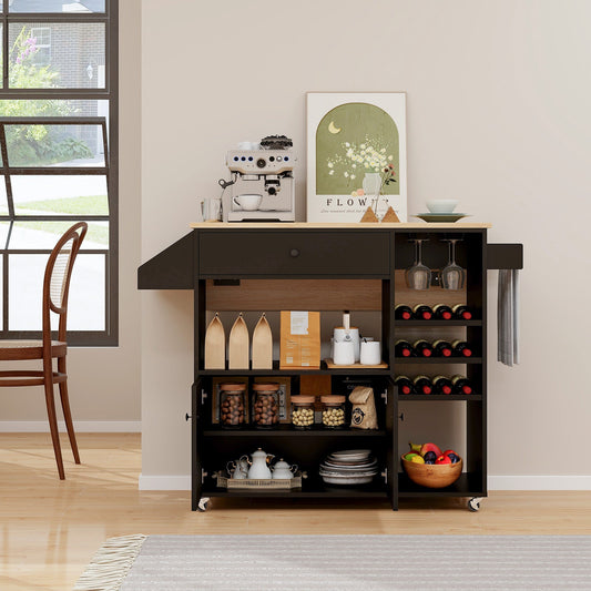 Mobile Drop Leaf Kitchen Island Cart with Microwave Shelf and Wine Rack-Black