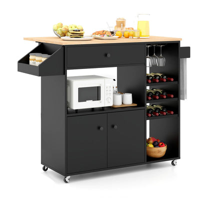 Mobile Drop Leaf Kitchen Island Cart with Microwave Shelf and Wine Rack-Black