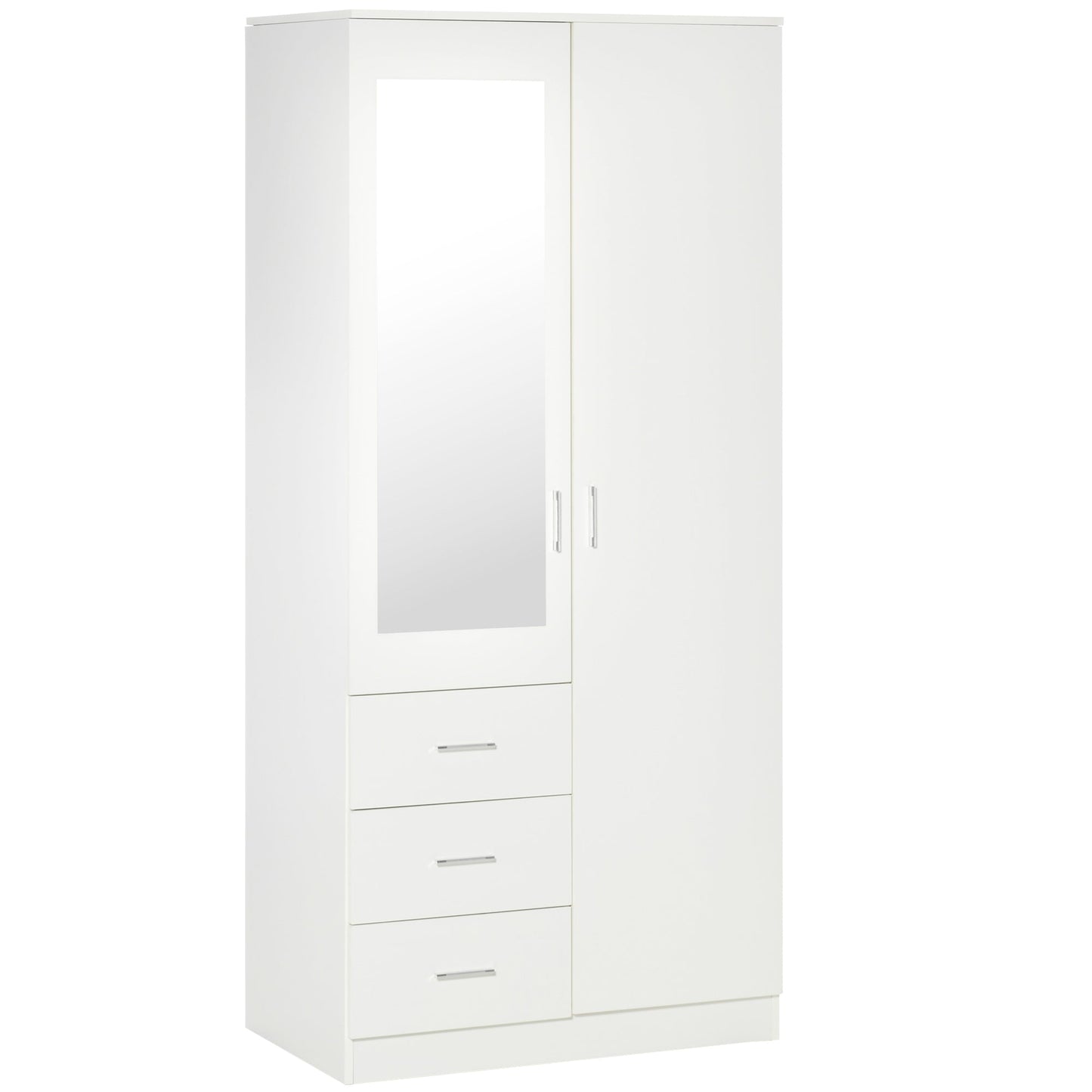 HOMCOM 2 Door 3 Drawer Mirrored Wardrobe with Hanging Rail, Modern Clothes Storage Cupboard with Mirror, Drawers and Adjustable Shelves for Bedroom, 80 x 50 x 180 cm, White