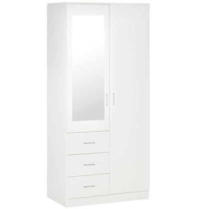 HOMCOM 2 Door 3 Drawer Mirrored Wardrobe with Hanging Rail, Modern Clothes Storage Cupboard with Mirror, Drawers and Adjustable Shelves for Bedroom, 80 x 50 x 180 cm, White