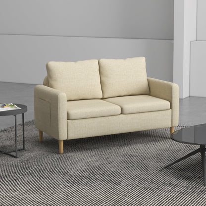 HOMCOM Two Seater Sofa for Living Room, Modern Fabric Couch with Wood Legs and 2 Pockets for Bedroom and Home Office, Beige