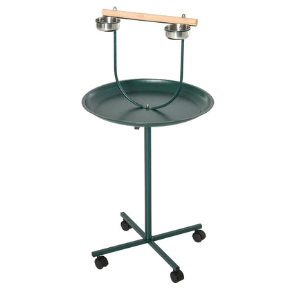 PawHut Bird Perch Stand with Four Wheels, Feeding Bowls, for Small, Medium Birds, Green