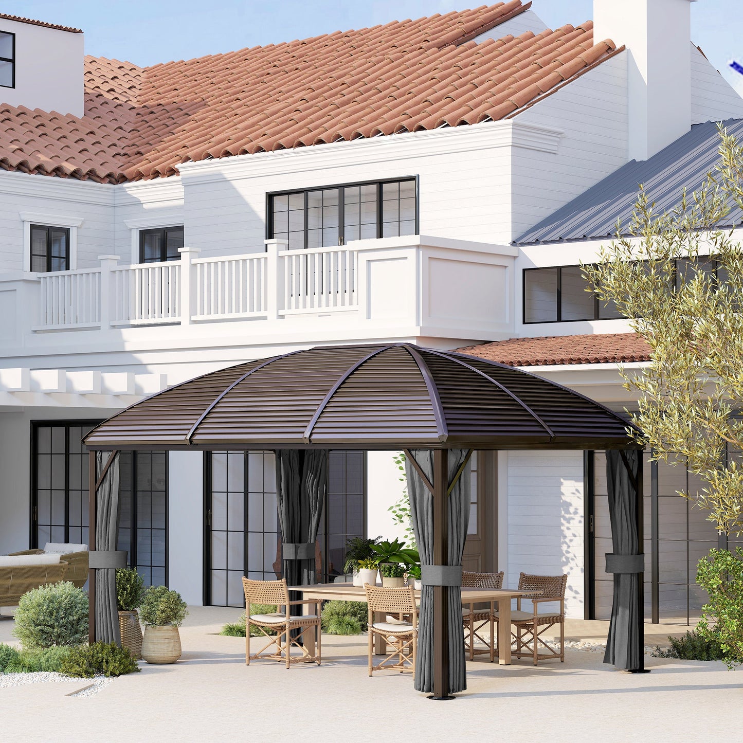 Outsunny 3 x 4m Hardtop Gazebo Canopy with Metal Roof, Aluminium Gazebo Permanent Pavilion with Netting and Curtains, Dark Grey