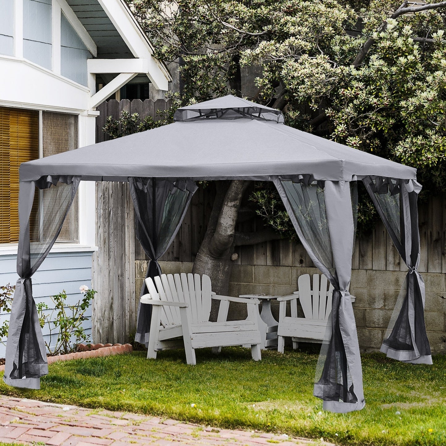 Outsunny 3 x 3 Meter Metal Gazebo Garden Outdoor 2-tier Roof Marquee Party Tent Canopy Pavillion Patio Shelter with Netting - Grey