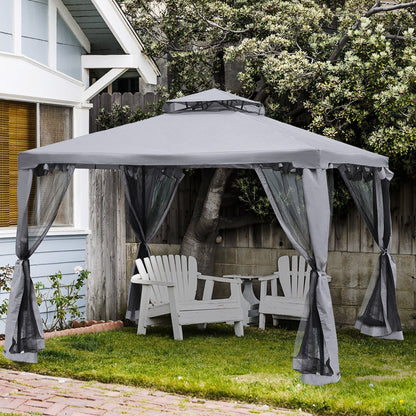 Outsunny 3 x 3 Meter Metal Gazebo Garden Outdoor 2-tier Roof Marquee Party Tent Canopy Pavillion Patio Shelter with Netting - Grey