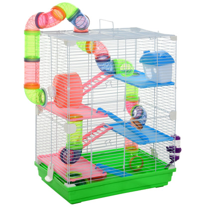 Pawhut 5 Tier Hamster Cage Carrier Habitat Small Animal House with Exercise Wheels Tunnel Tube Water Bottle Dishes House Ladder for Dwarf, Green