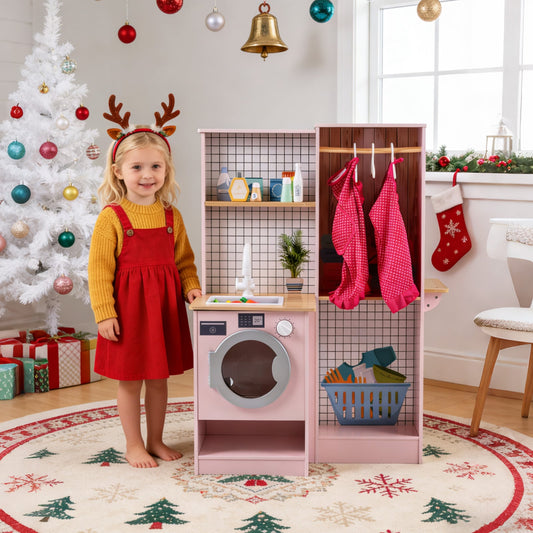 Dual-Sided Kids Play Kitchen with Water Dispenser and Range Hood for 3+ Years Old-Pink