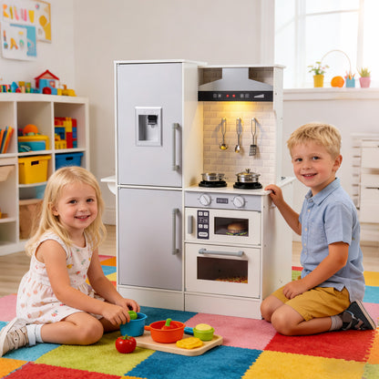 Dual-Sided Kids Play Kitchen with Water Dispenser and Range Hood for 3+ Years Old-White