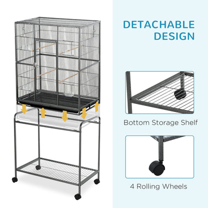 PawHut Bird Cage Metal Canary Cages for Parakeet with Detachable Rolling Stand, Storage Shelf, Wood Perch, Food Container