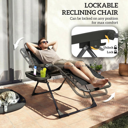 Outsunny Zero Gravity Chairs Set of 2, Folding Sunloungers Reclining Garden Chairs with Cup Holder, Headrest, Black