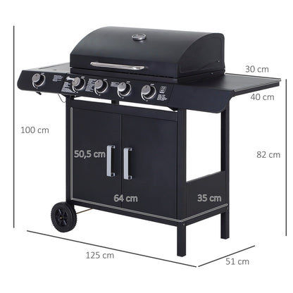 Outsunny 4+1 Gas Burner Grill BBQ Trolley Backyard Garden Smoker Side Burner Barbecue w/ Storage Side Table Wheels