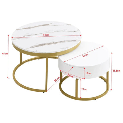 Rotating Round Marble Coffee Table Set, High Gloss Pattern with Golden Metal Frame, Set of 2, 70x70x45 cm + 50x50x38.5 cm, White