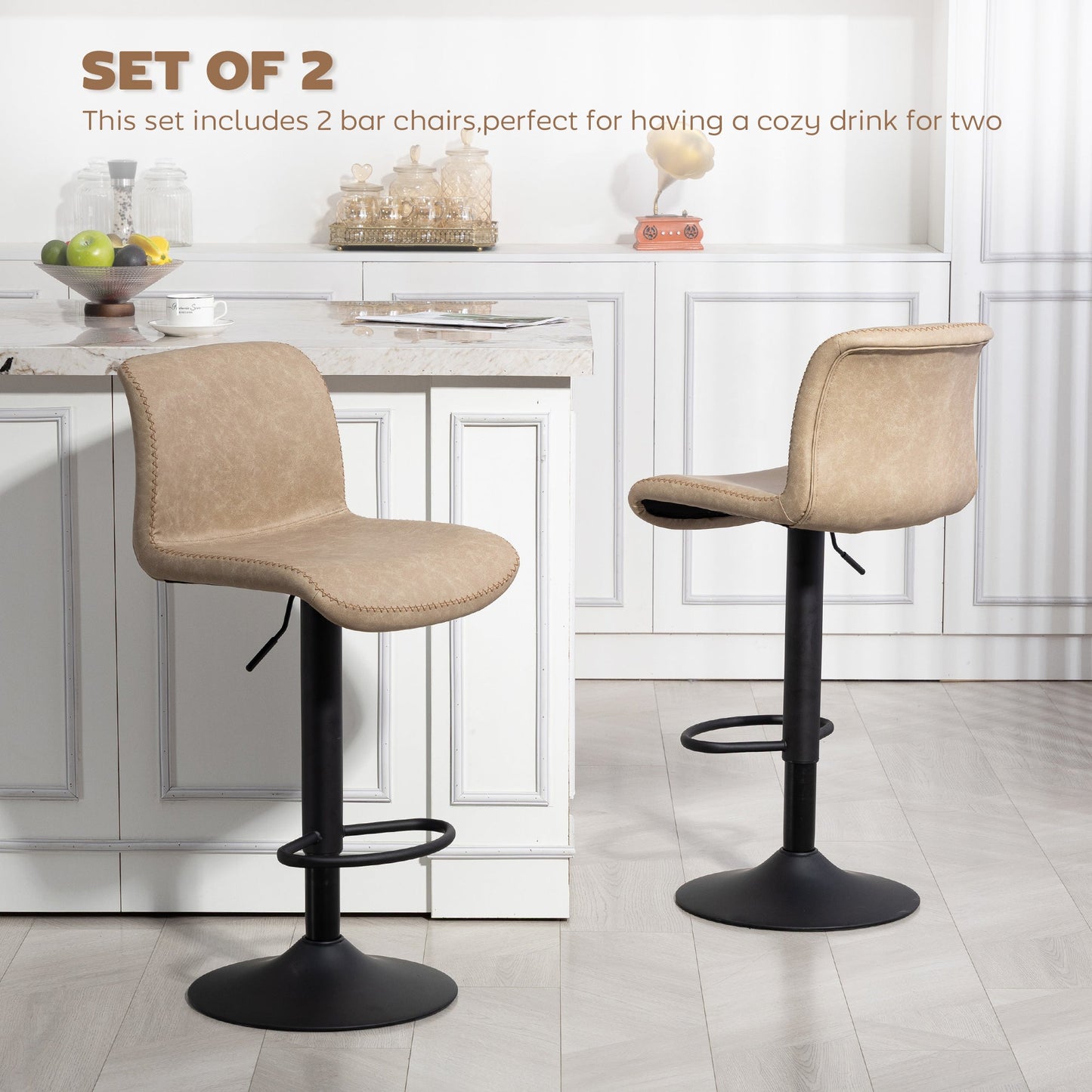 HOMCOM Bar Stools Set of 2, PU Leather Barstools with Backrest and Footrest for Kitchen, Counter, Breakfast Bar, Light Brown