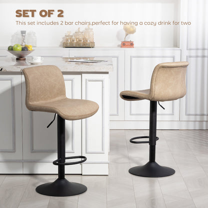 HOMCOM Bar Stools Set of 2, PU Leather Barstools with Backrest and Footrest for Kitchen, Counter, Breakfast Bar, Light Brown