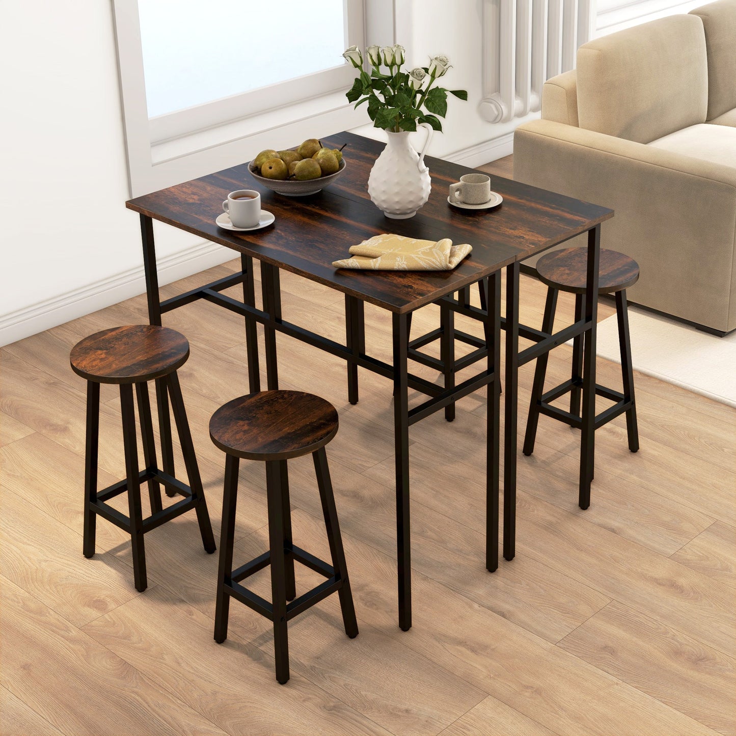 6-Piece Bar Table Set, 2 Breakfast Tables with 4 Stools, Counter Height Dining Tables & Chairs for Kitchen, Living Room, Rustic Brown