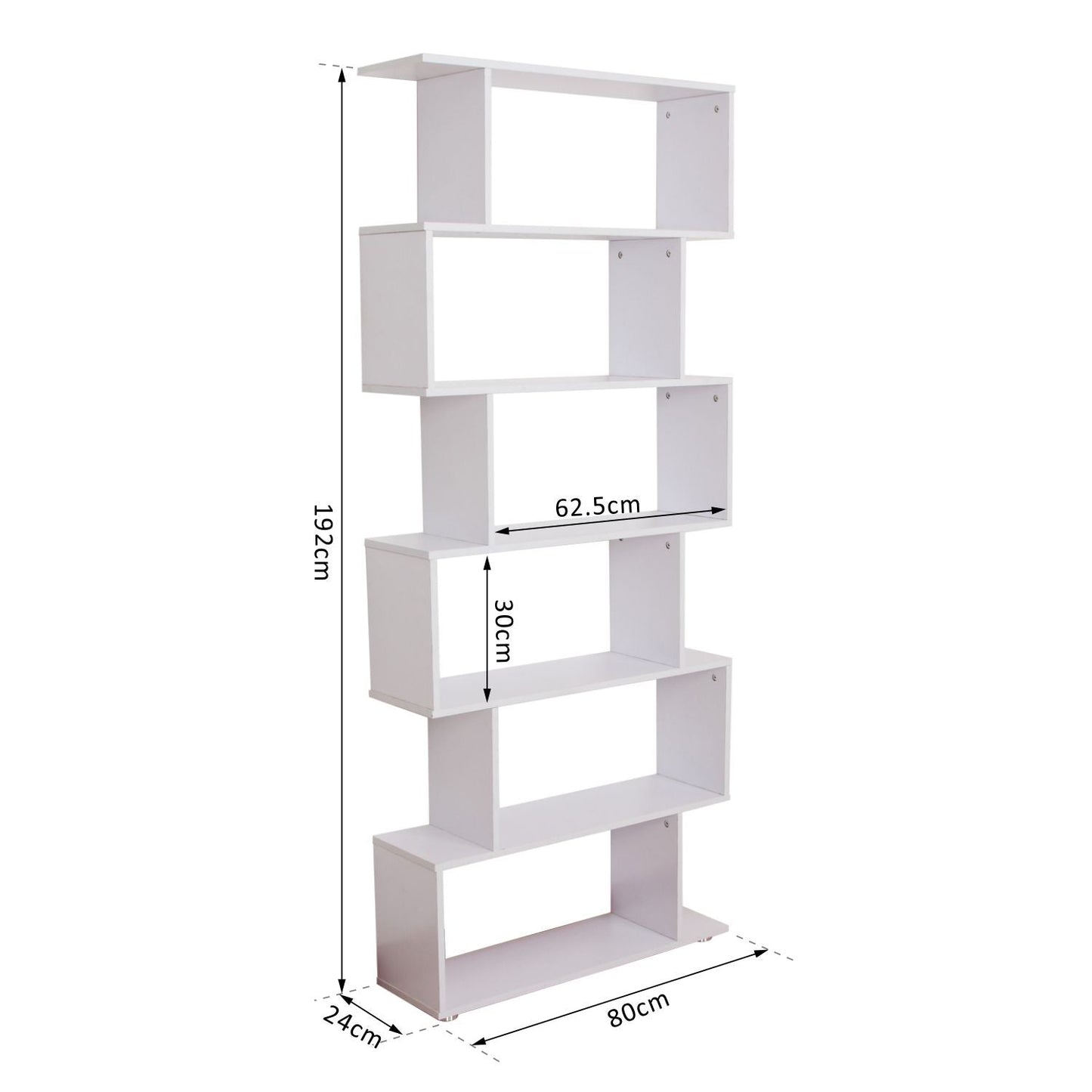 S Shape Wooden 6-tier Bookshelf Open Concept Bookcase Storage Display Unit for Home Office Living Room, White