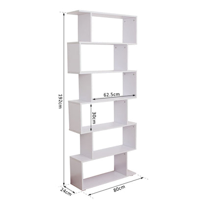 S Shape Wooden 6-tier Bookshelf Open Concept Bookcase Storage Display Unit for Home Office Living Room, White