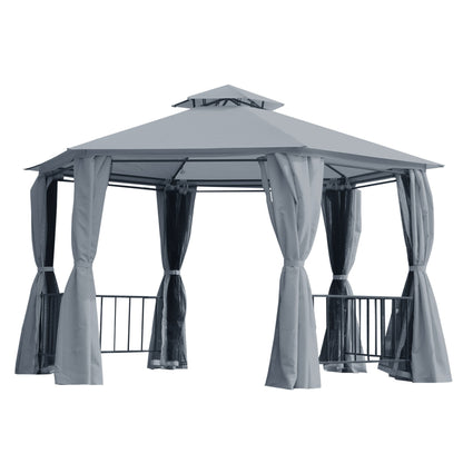 Outsunny Hexagon Gazebo Patio Canopy Party Tent Outdoor Garden Shelter w/ 2 Tier Roof &amp; Side Panel - رمادي