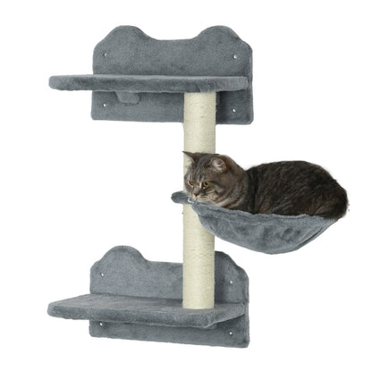 PawHut 4 Piece Cat Shelf with Scratching Post, Wall-Mounted Cat Tree for Indoor Cat - Grey