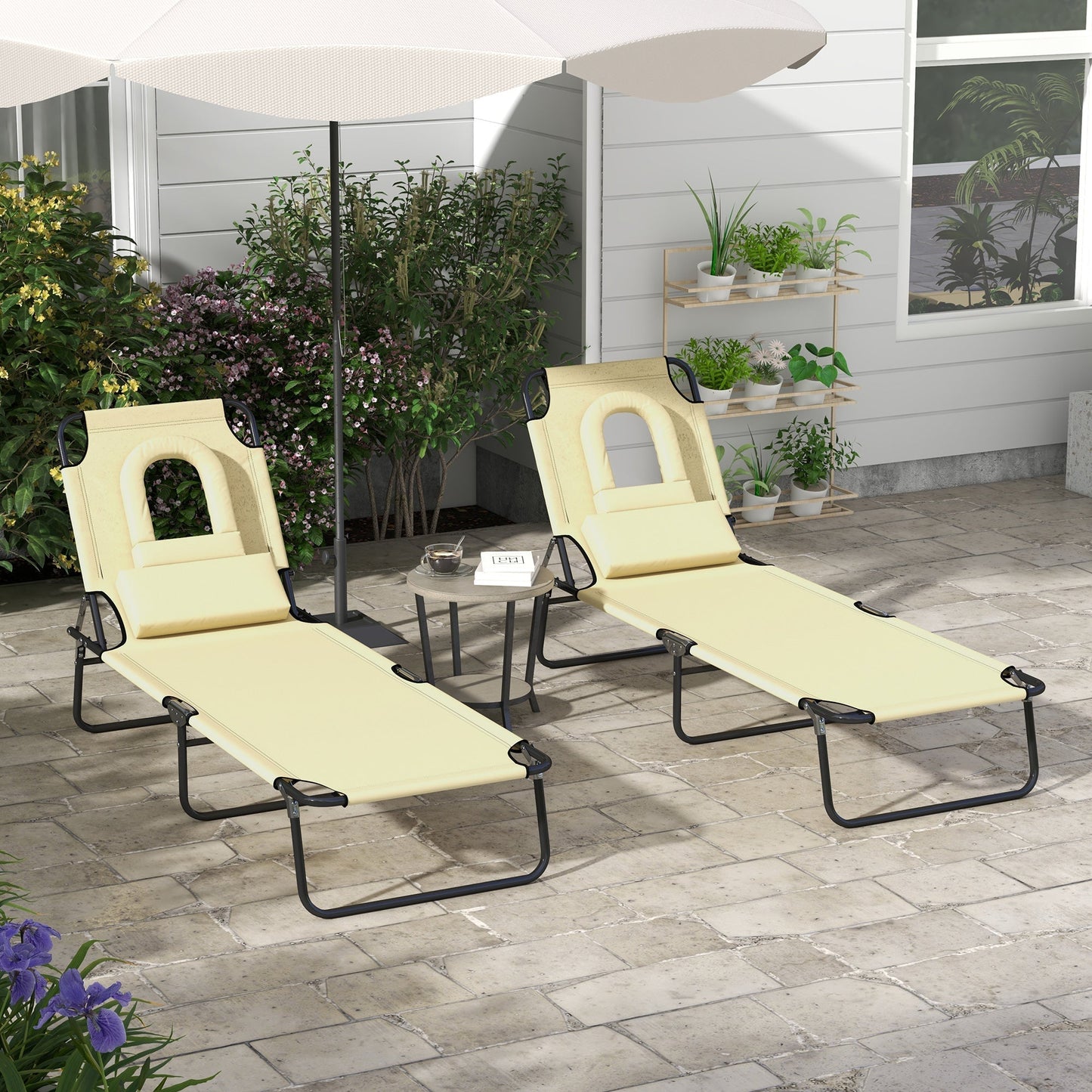 Outsunny Outdoor Folding Sun Lounger Set of 2 with Face Hole, 4 Level Adjustable Backrest Reclining Garden Lounger, Garden Recliner Sunbed with 600 D Oxford Cloth Seat and Pillow for Beach, Beige