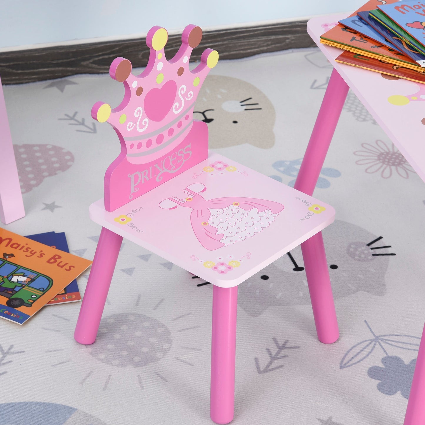 3-Piece Set Kids Wooden Table Chair with Crown Pattern Easy to Clean Gift for Girls Toddlers Age 3 to 8 Years Old Pink