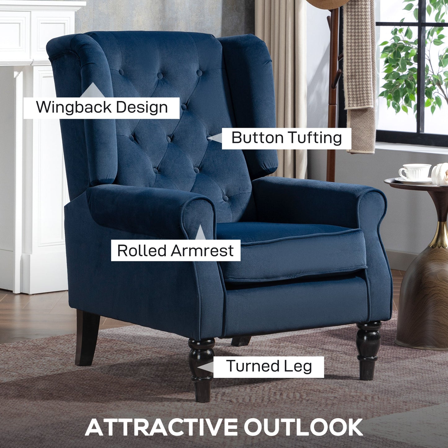HOMCOM Wingback Accent Chair, Retro Upholstered Button Tufted Occasional Chair for Living Room and Bedroom, Dark Blue
