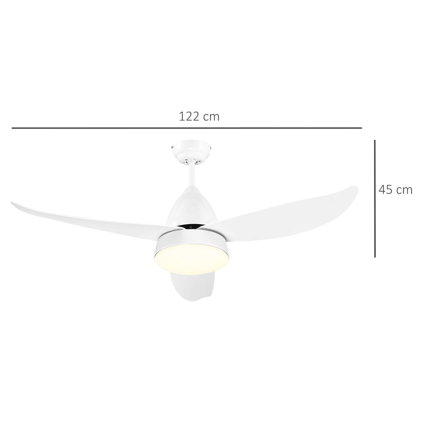 HOMCOM Reversible Ceiling Fan ze światłem, 3 łopatki, nowoczesny montaż do wnętrz, biały wentylator LED z pilotem, do sypialni, salonu, biały