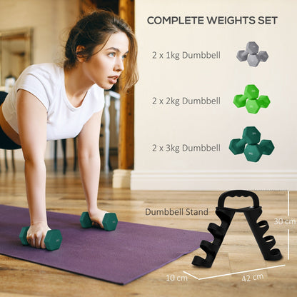 SPORTNOW Dumbbells Set with Storage Rack, 2 x 1kg, 2 x 2kg, 2 x 3kg, Grey