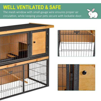 PawHut Wood / Metal Rabbit Hutch Elevated Pet House Bunny Cage with Slide-Out Tray Asphalt Openable Roof Lockable Door Outdoor