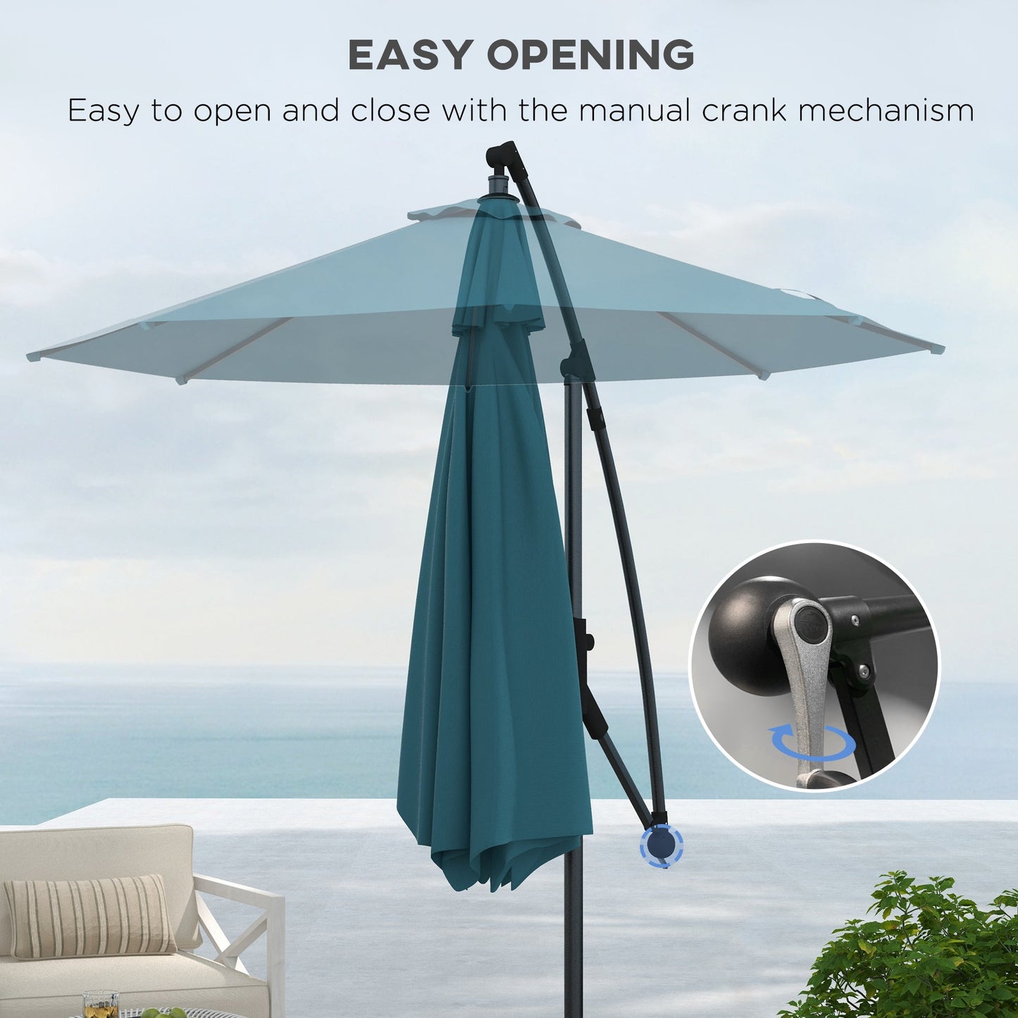 3 Metre Cantilever Banana Parasol / Cross Base / Crank Handle, Tilt And 8 Ribs, Round Hanging Patio Umbrella For Pool Garden Balcony - Blue