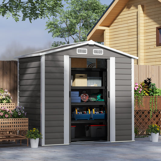 Outsunny 7 x 4ft Garden Shed, łatwy w montażu, ulepszona ocynkowana stalowa rama z zestawem fundamentowym, podwójne drzwi z zamkiem, metalowa szopa zewnętrzna z otworami wentylacyjnymi i rękawicami, ogrodowa szopa magazynowa, jasnoszary
