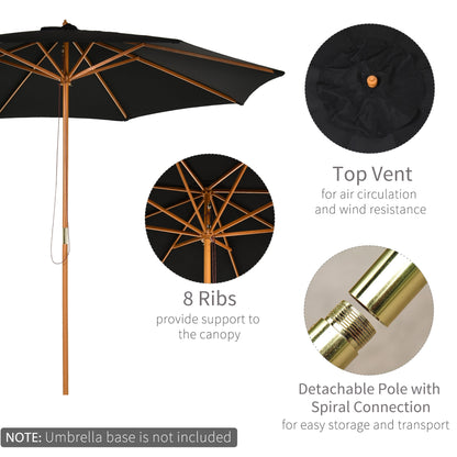 Outsunny ⌀3m Bamboo Wooden Market Patio Umbrella Garden Parasol Outdoor Sunshade Canopy, 8-ribs,Black