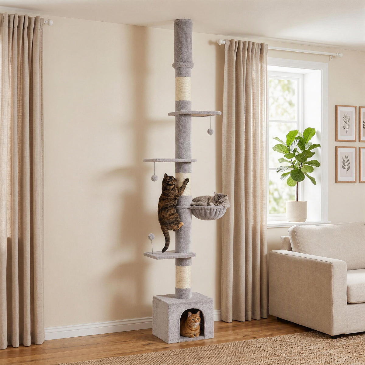 PawHut Floor to Ceiling Cat Tree, 230-250cm Multi-Level Cat Tower with Adjustable Height, Scratching Posts, Condo, Platforms