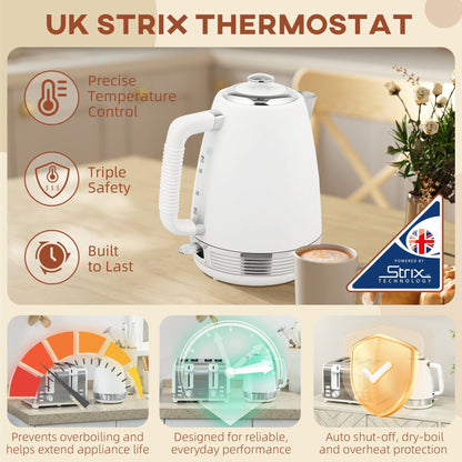 HOMCOM Stainless Steel Kettle and Toaster Set, 1.7L 3000W Rapid Boil Jug Kettle with UK Strix Thermostat, Limescale Filter, 4 Slice Toaster with 7 Browning Controls, Crumb Tray, White and Silver Tone