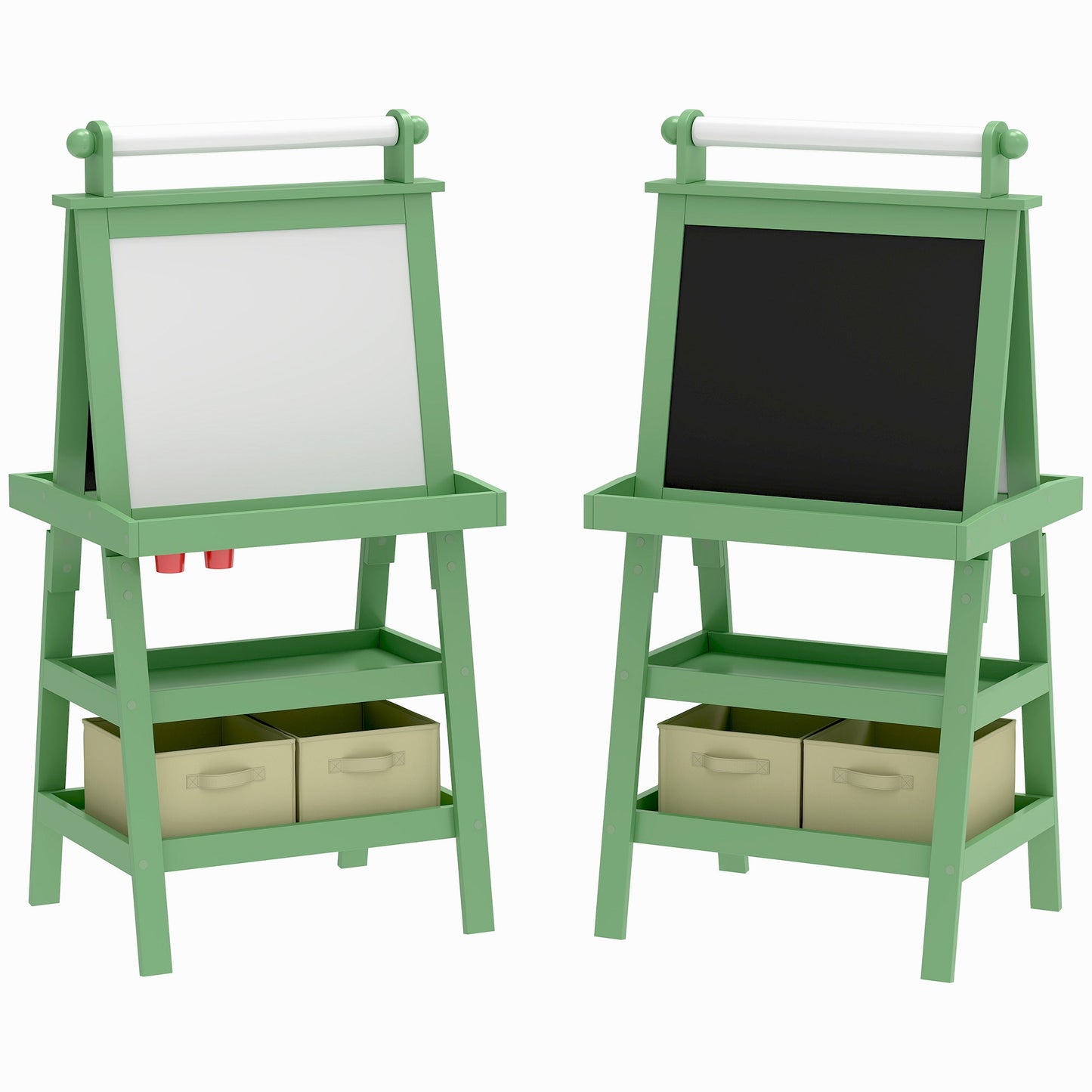 AIYAPLAY 3 in 1 Kids Easel Double-Sided Magnetic Whiteboard and Chalkboard with Paper Roll, Storage Baskets - Green