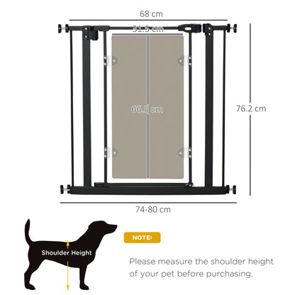 PawHut Pressure Fit Pet Safety Gate, Auto-Close Dog Barrier Stairgate, with Double Locking, Acrylic Panel, for Doors, Hallways, Staircases, Openings 74-80 cm, Black Barrier, w/