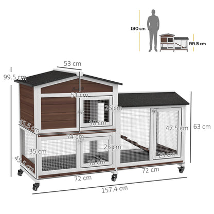 PawHut Wooden Two-Tier Pet Hutch with Wheels, Run - Brown