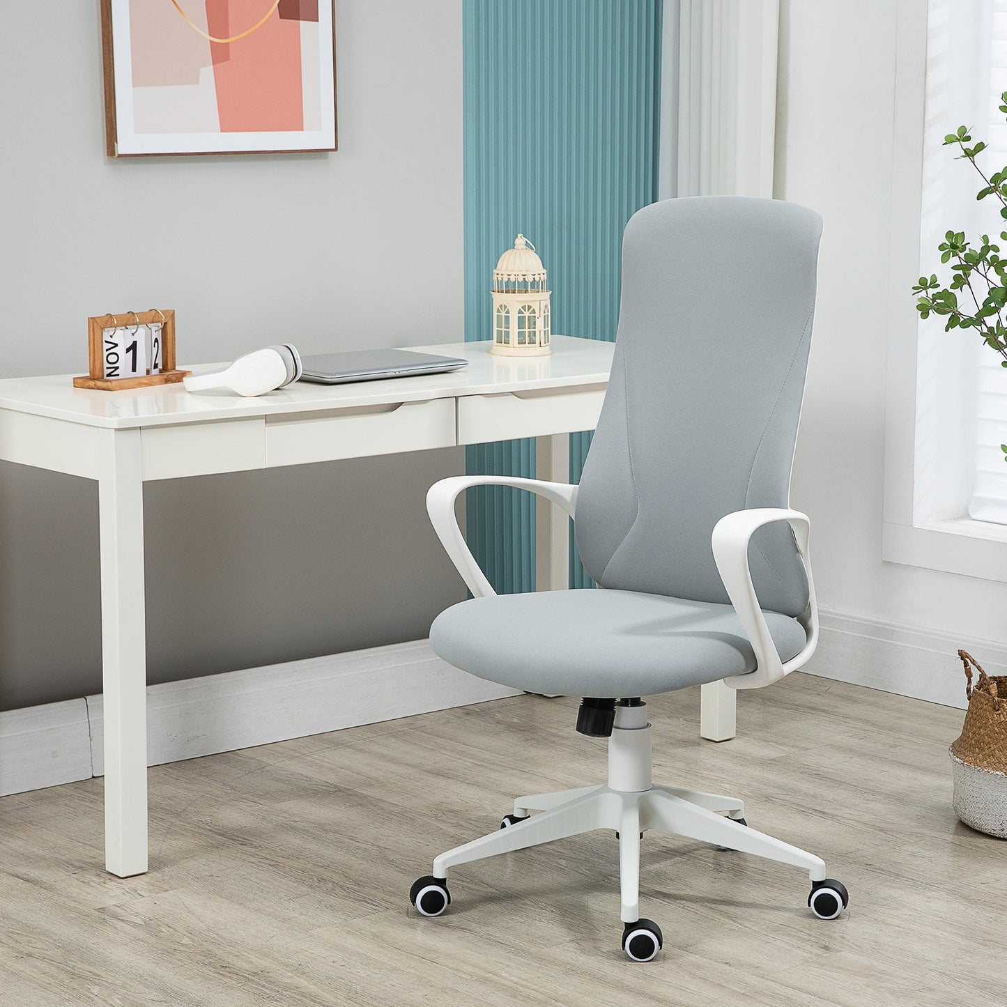 Vinsetto High Back Office Chair, Fabric Desk Chair with Armrests, Adjustable Height, Swivel Wheels, Light Grey