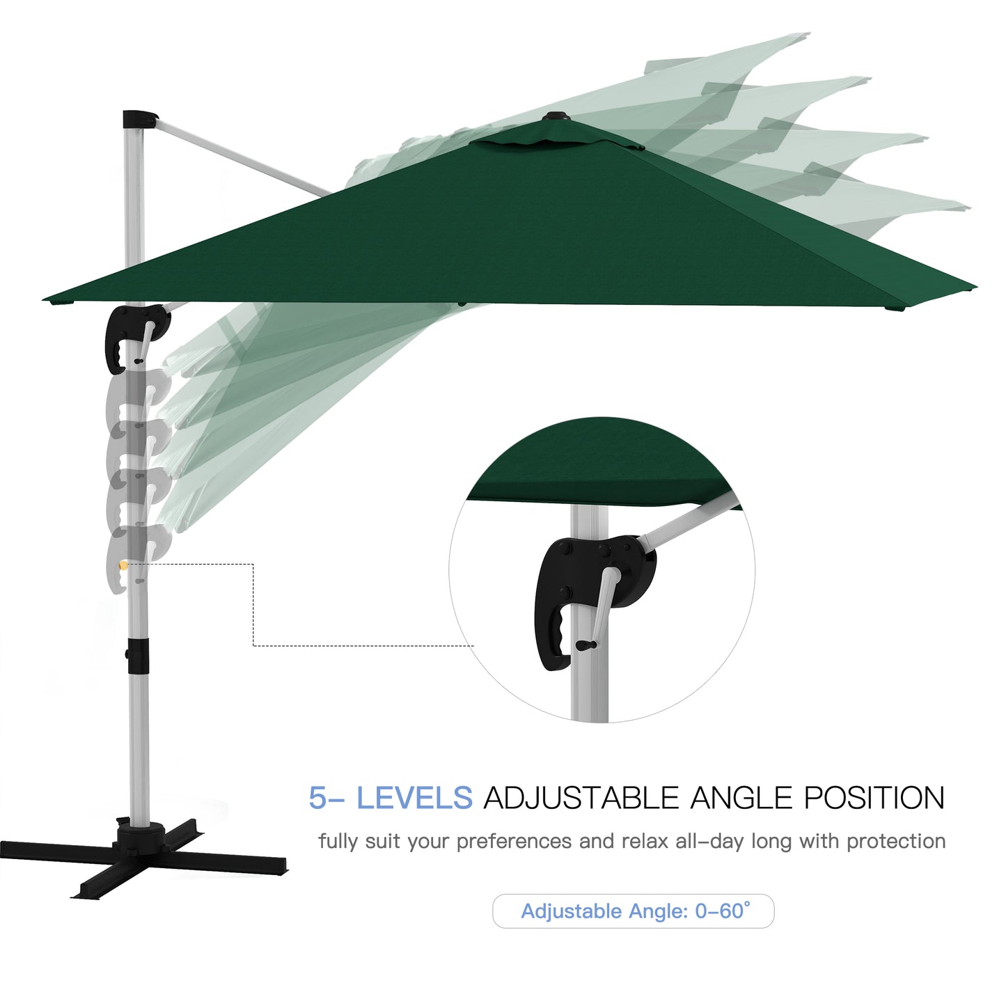 Parasol ogrodowy Outsunny Square Cantilever z pięciopozycyjnym baldachimem – zielony