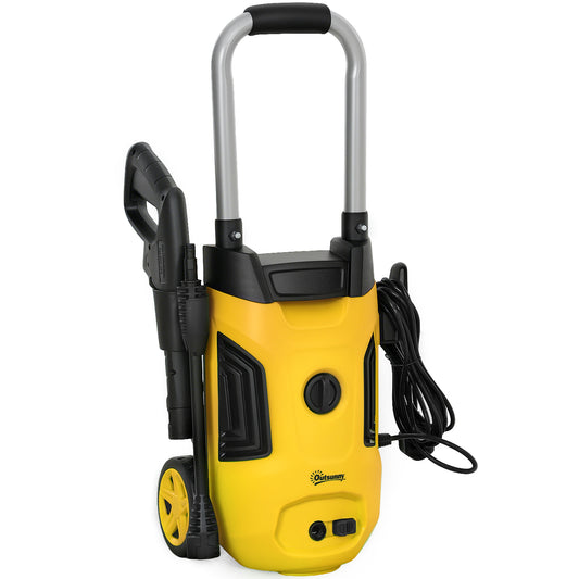 Myjka wysokociśnieniowa Outsunny 1800 W, ciśnienie 150 barów, przepływ 420 l/h, przenośna myjka ciśnieniowa z regulowaną dyszą, wąż 6 m, stalowy uchwyt do domu, patio, podjazdu samochodowego, żółty