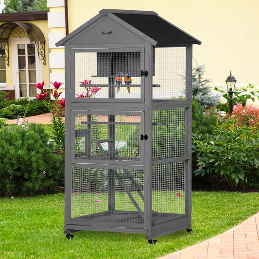 PawHut Bird Cage klatka dla papużek falistych drewniana woliera zewnętrzna z kółkami dla kanarka z dachem asfaltowym grzęda gniazdo drabinka wysuwana tacka, szara