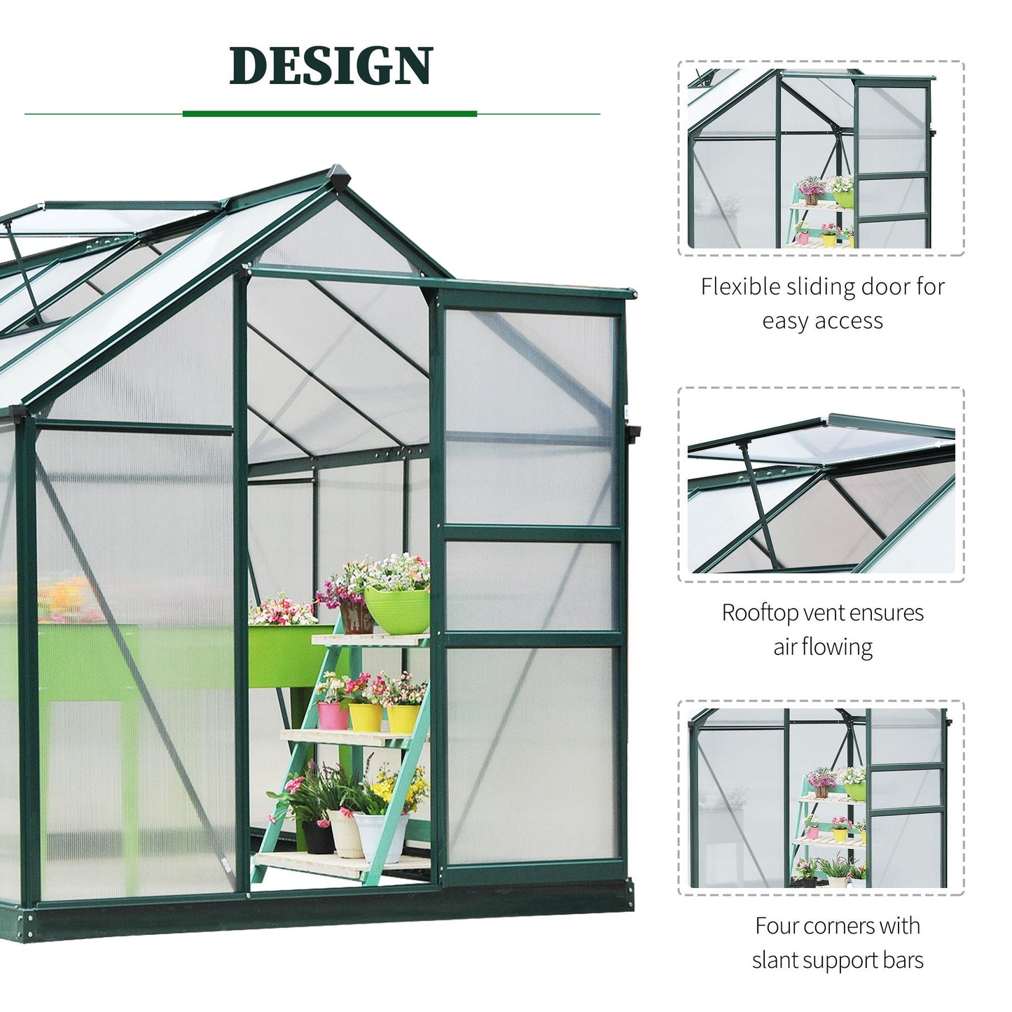 Outsunny 6 x 8ft Poliwęglanowa szklarnia, duża szklarnia typu walk-in z przesuwanymi drzwiami i oknem, domek do uprawy roślin ogrodowych z aluminiową ramą i fundamentem, ciemnozielony