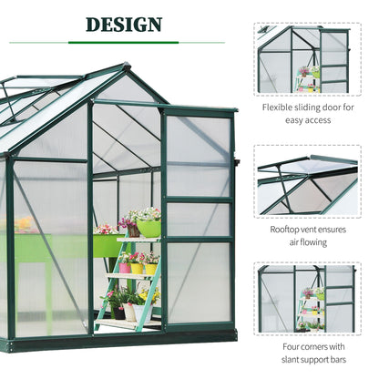 Outsunny 6 x 8ft Poliwęglanowa szklarnia, duża szklarnia typu walk-in z przesuwanymi drzwiami i oknem, domek do uprawy roślin ogrodowych z aluminiową ramą i fundamentem, ciemnozielony